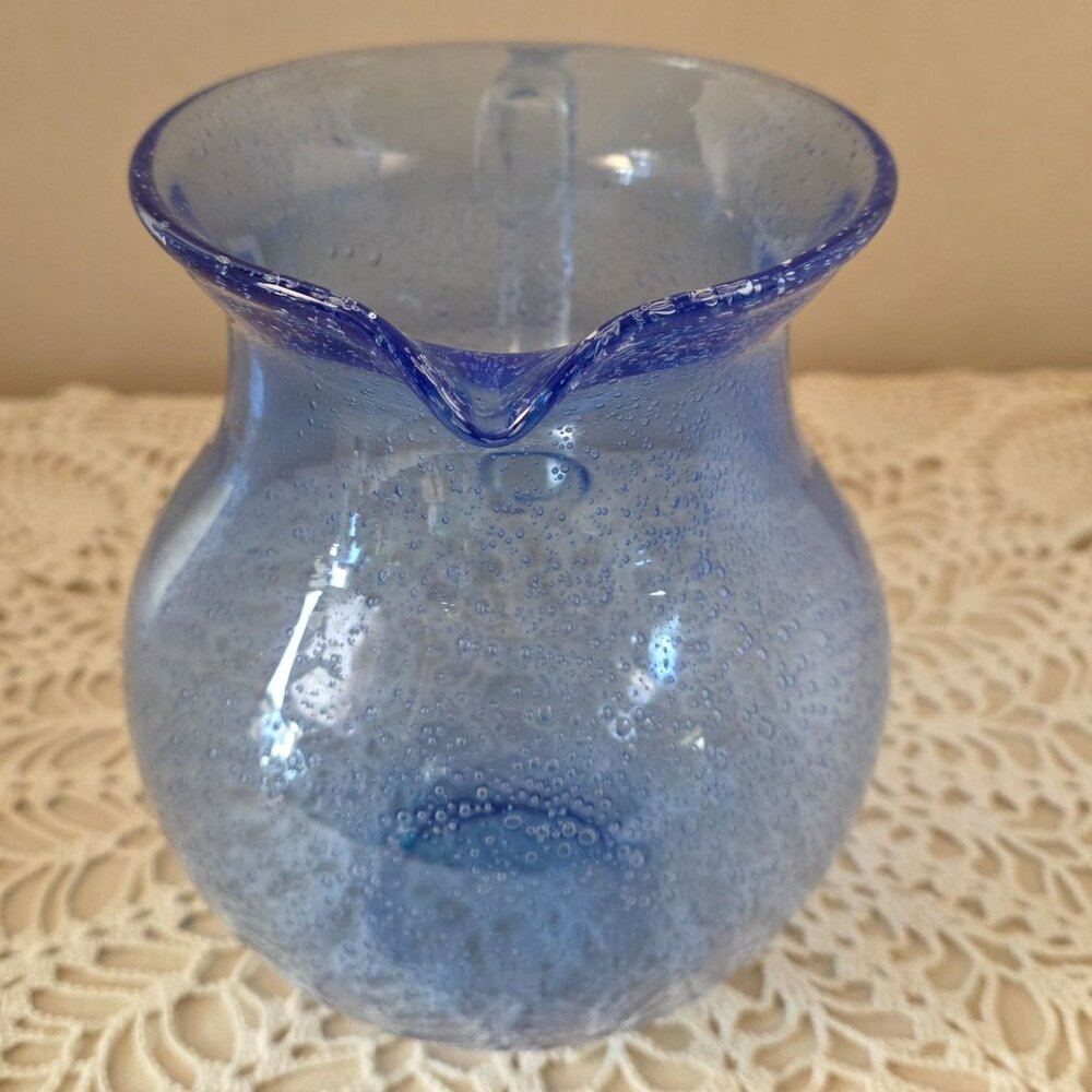 Vintage Cobalt Handblown Bubble Glass Pitcher With Clear Applied Handle - Picture 13 of 16